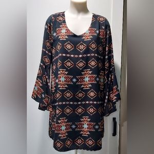 Peach Love California Aztec Bell Sleeve Lined Dress